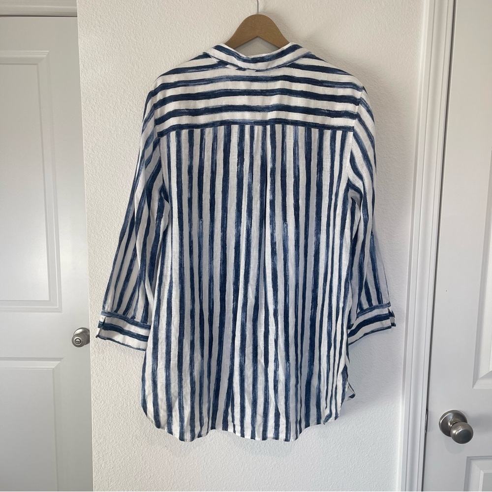 Chicos Linen Shirt sz 3 US 16 White Navy Striped No Iron Button Up Coastal Chic - Picture 7 of 7